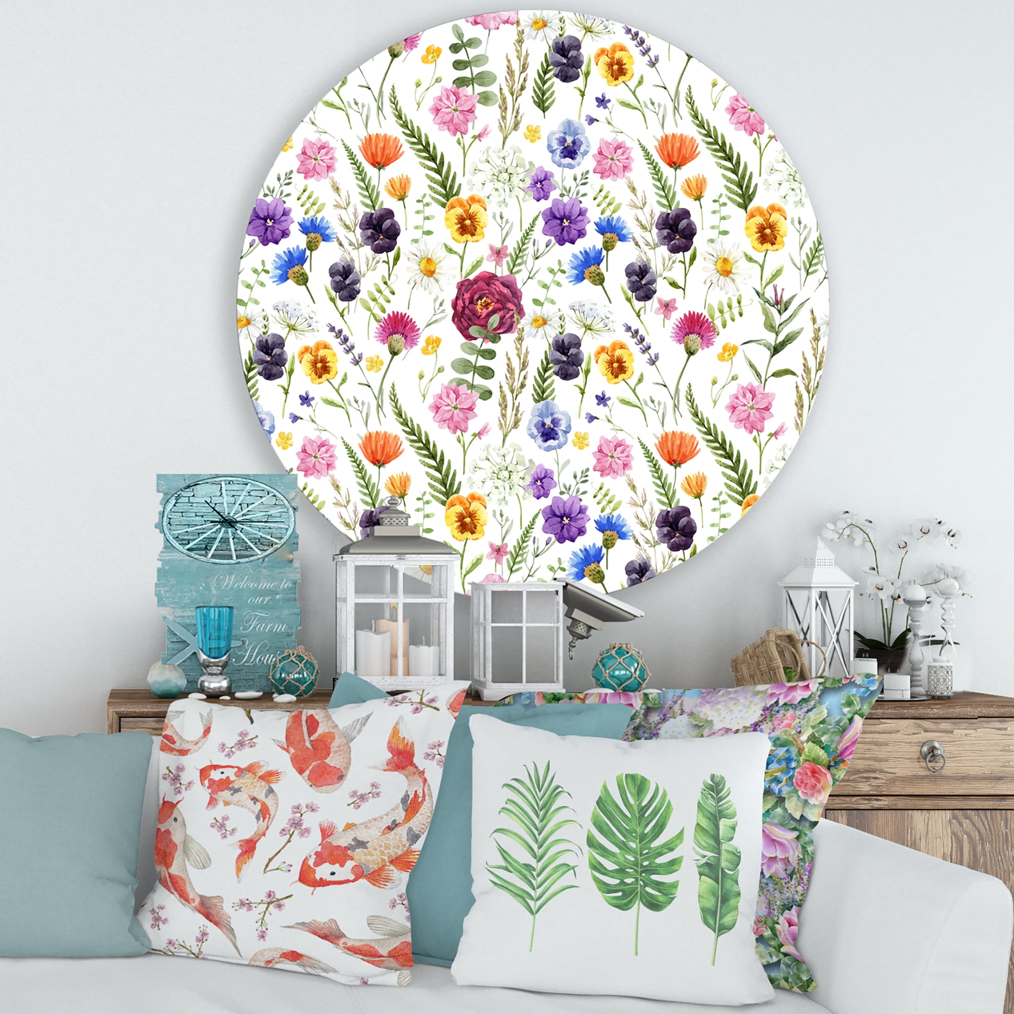 Designart 'Coloful Wildflowers Floral Pattern II' Traditional Circle Metal Wall Art 29x29 - Disc of 29