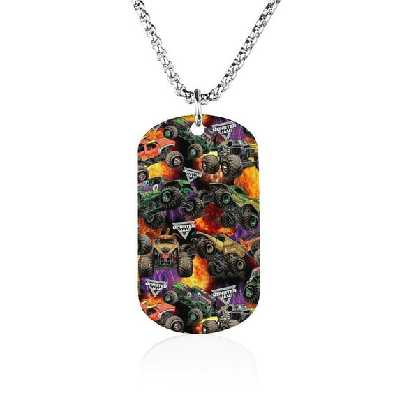 Printed Tag Stainless Steel Necklace, Monster Truck Jam Pendant Chain Decoration Gift for Men Women