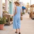 thumbnail image 4 of JULMCOMO Jumpsuits for Women Crew Neck Button Down Casual Bib Overalls Sleeveless Retro Wide Leg Capri Jumpsuit with Pockets Sky Blue 2XL, 4 of 7