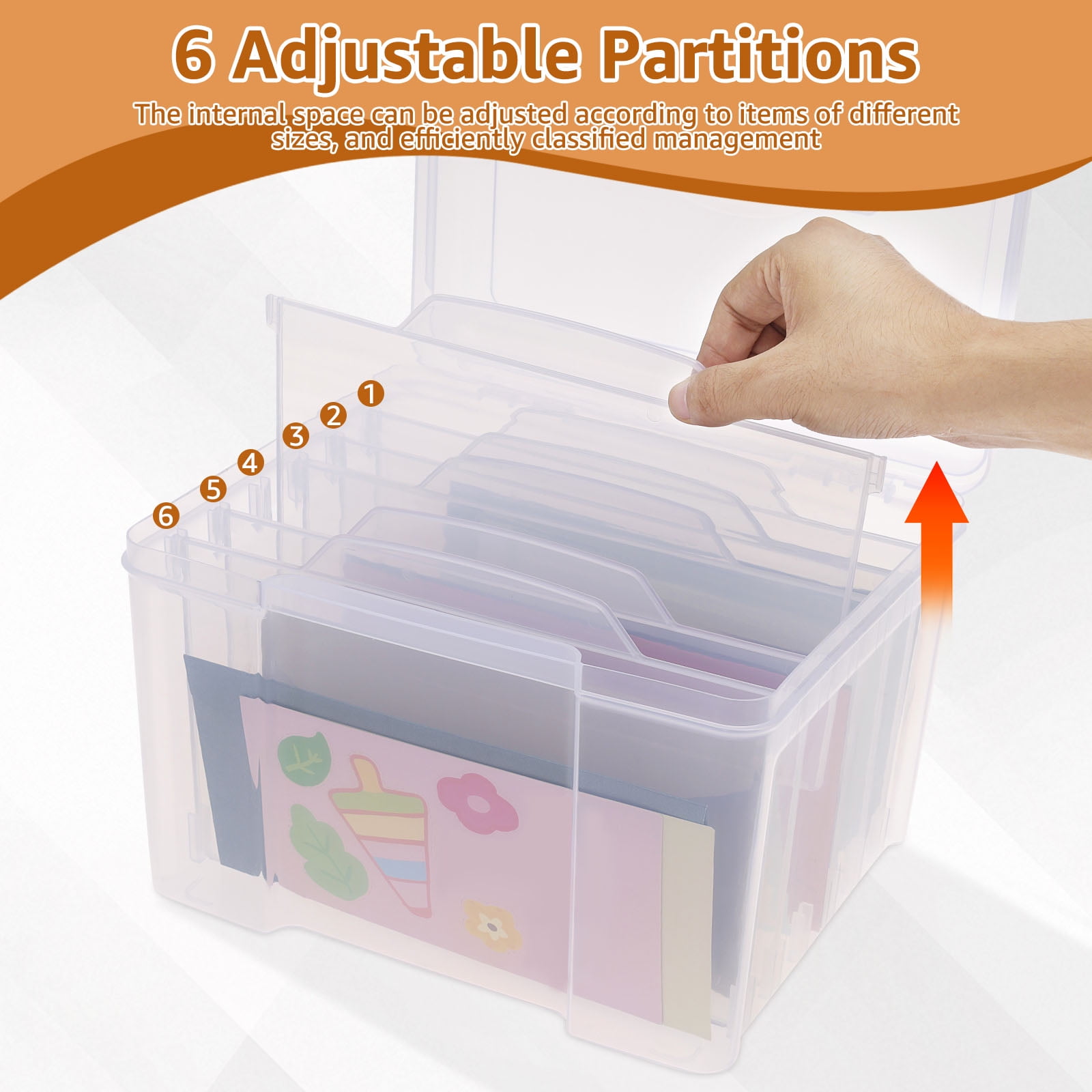 Wekvgz Greeting Card Storage Box Photo Organizer with 6 Removable Adjustable Dividers and Stickers for Photos Crafts Scrapbooking