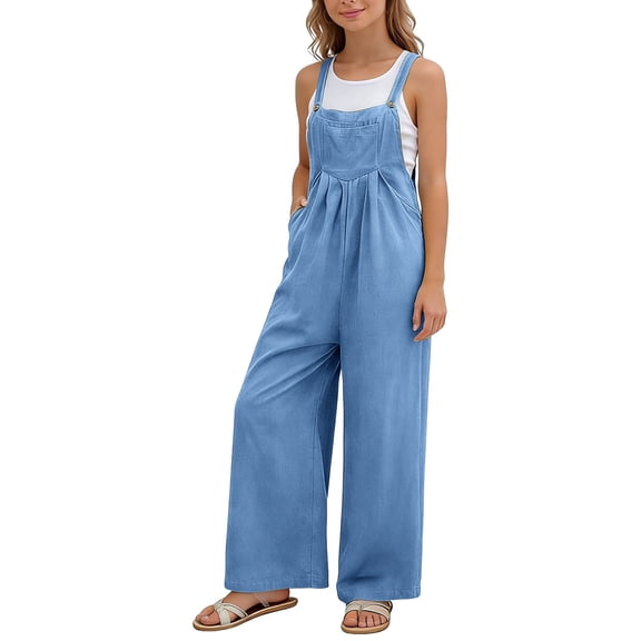 Coerni Summer Romper for Girls Spaghetti Strap Wide Leg Jumpsuit with Pocket Solids Casual Lightweight Overalls 4-15 Years