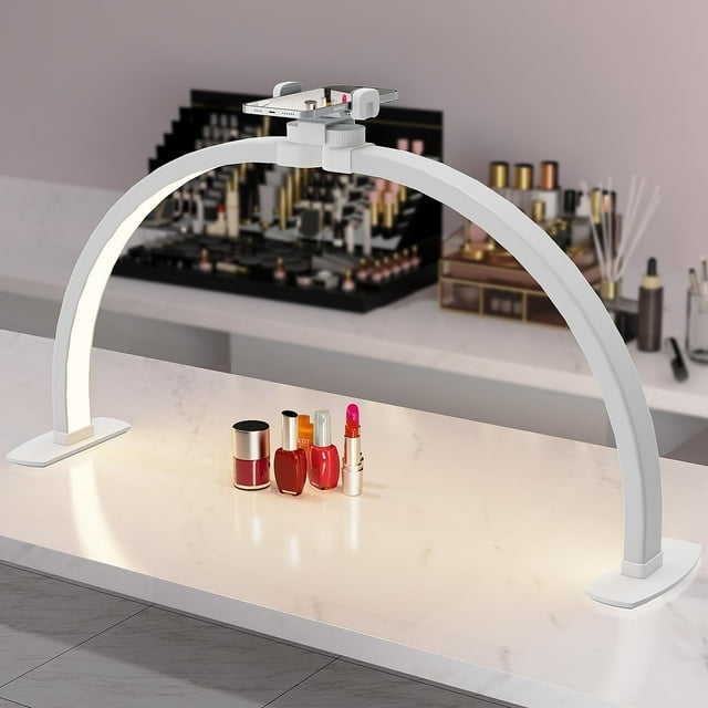 iVict Lampe Demi-Lune pour Bureau d'Ongles, Lampe Techno pour Ongles 29 Po 40 W avec Support pour Téléphone, 10 Niveaux de Luminosité Réglables, Lampe de Bureau Led à 3 Températures de Couleur pour Ongles, Tatouages, Sourcils, Beauté (Wh