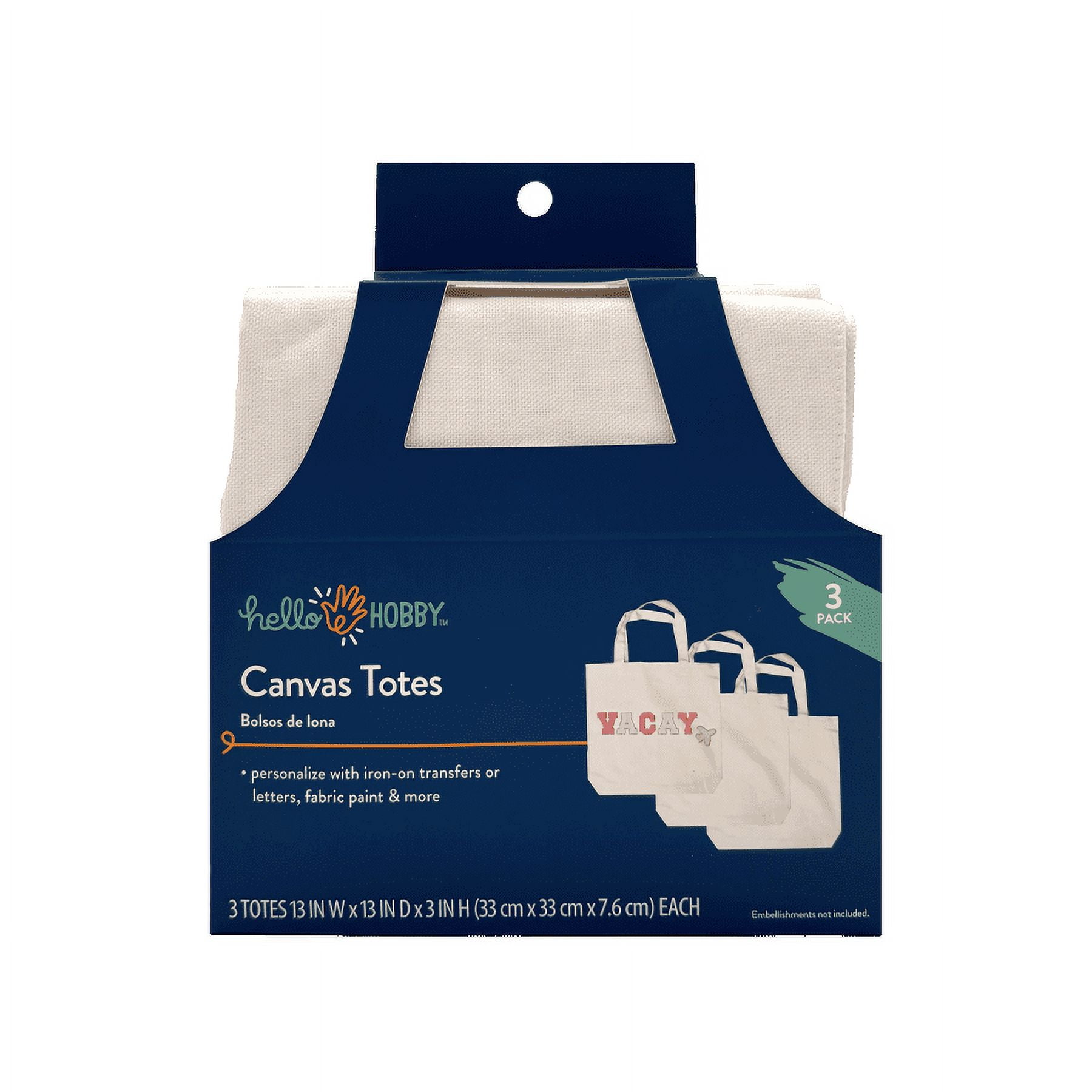 (2 pack) Hello Hobby, Large White Canvas Tote Bag With Strap, 3-Pack, 13.5” x 13.5” x 3.5”