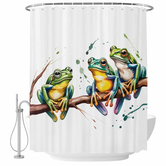 Watercolor Frog Shower Curtain Set - Small 36" x 72" Washable Bathtub Curtain with 12 Hooks, Spring Summer Tropical Animals Rustic Waterproof Fabric Stall Shower Curtains for Bathroom/Bathtub Décor