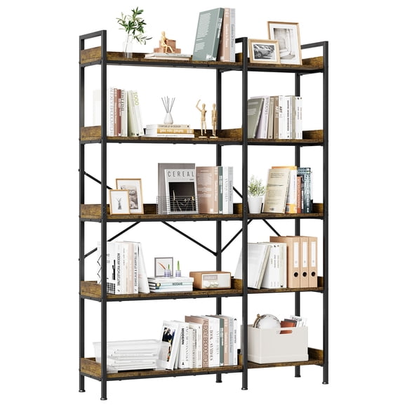 L-Shaped 5-Tier Industrial Bookshelf - Open Corner Storage Cabinet - Sturdy Metal & Carbon Steel Frame, 4 Hooks - Reversible Rustic Wood Display for Living Room, Bedroom
