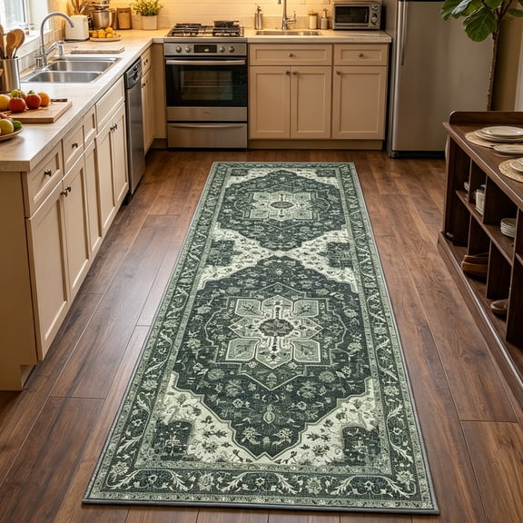 WANLISELL 2'x6' Hallway Runner Rug, Non-Slip Machine Washable Vintage Floral Area Rugs, Soft Indoor Carpet for Bathroom Bedroom, Dark Green