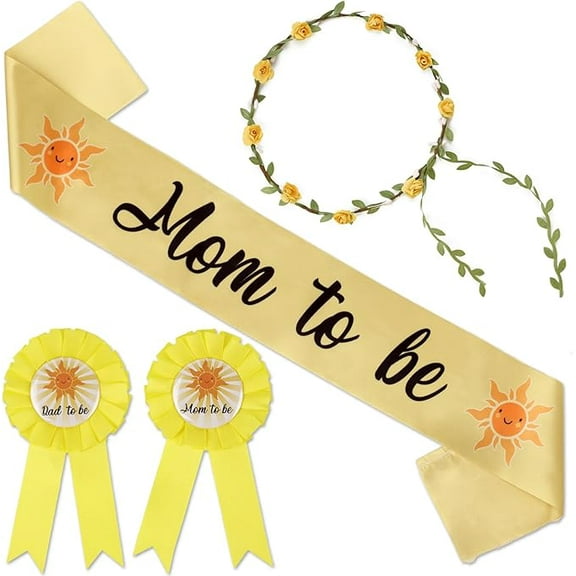Serencatcher Baby Shower Sash for Mommy Boy, Sun Baby Shower Decorations Include Mommy Daddy to be Pin Yellow Flower Crown for Sunshine Gender Reveals Party Favors Pregnancy Props Souvenir Gifts