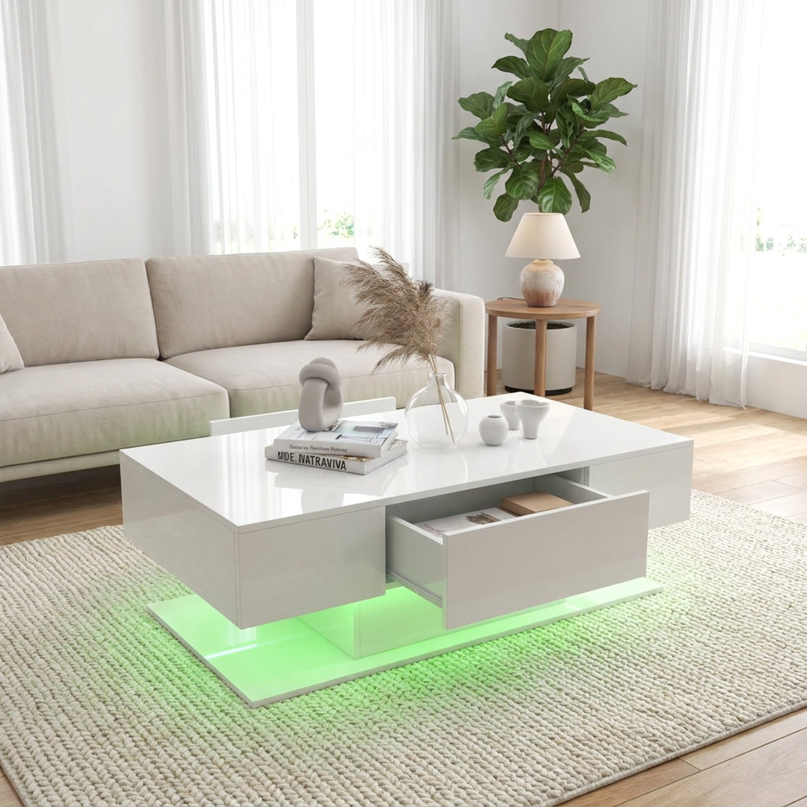 Furnibear Modern LED Coffee Table with 20 Color Lights Remote Control and 2 Push to Open Storage Drawers for Living Room, White