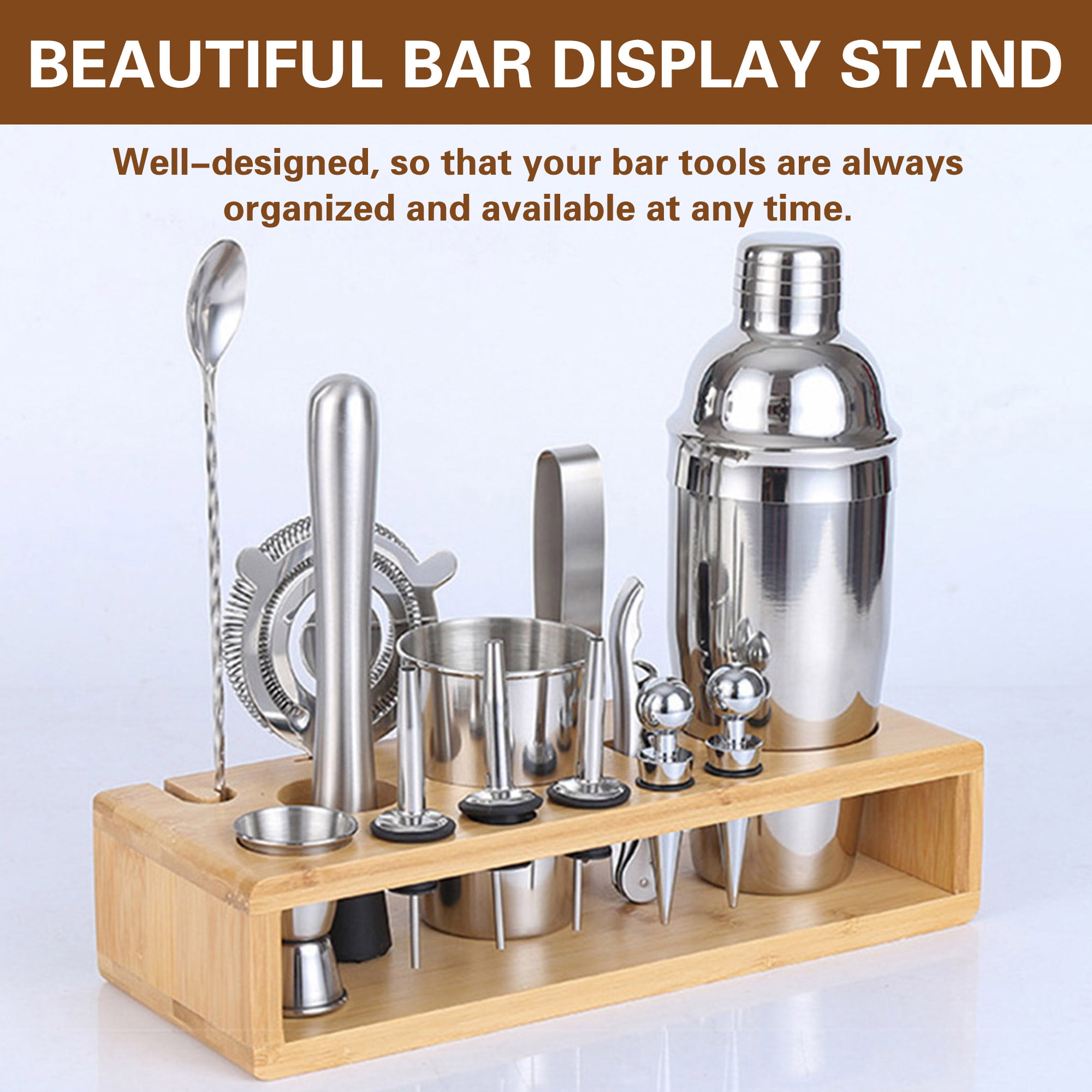 17Pcs Bartender Kit Cocktail Shaker Bar Set Stainless Steel Tools W/ Wood holder 