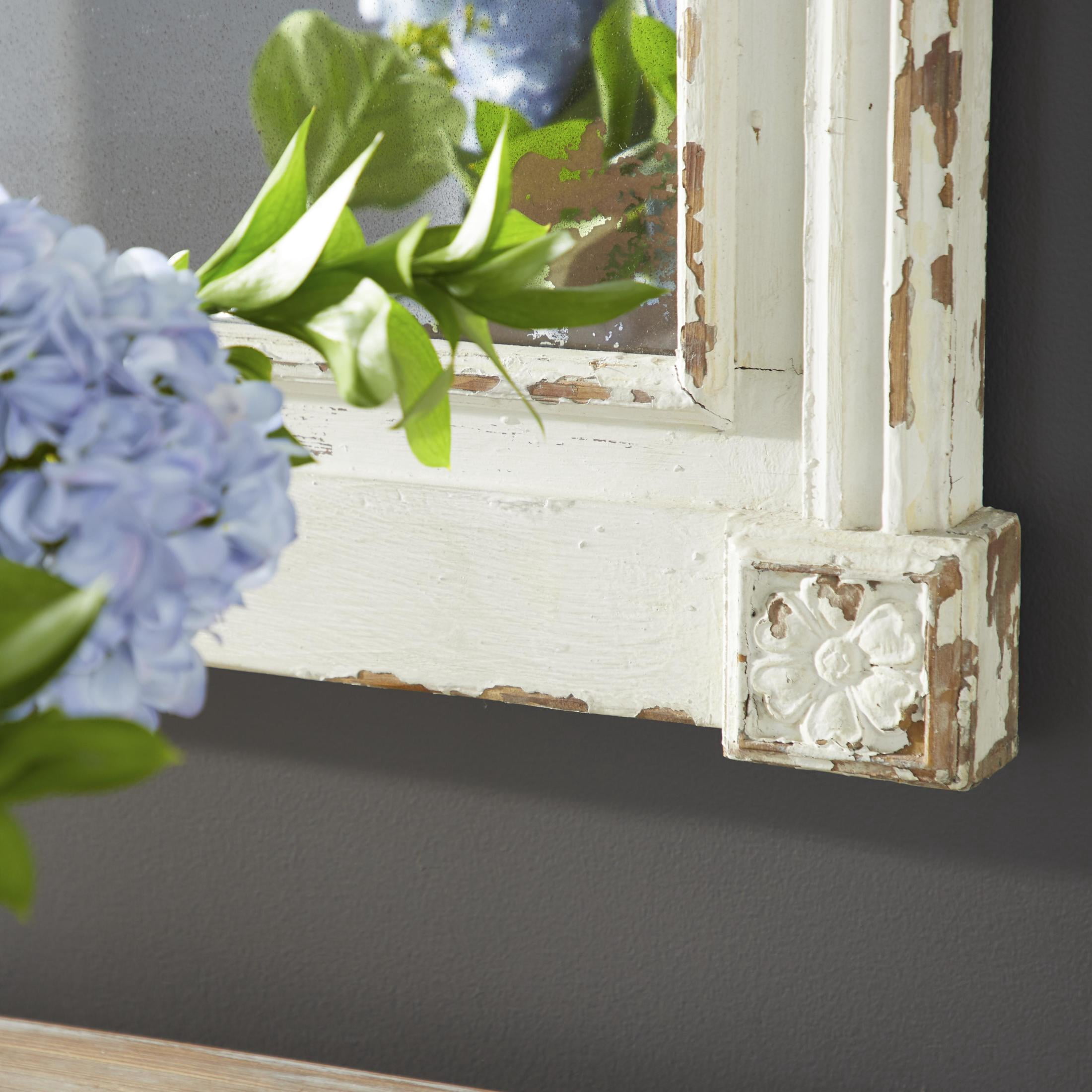 DecMode 59" x 36" Cream Carved Floral Wall Mirror with Distressing