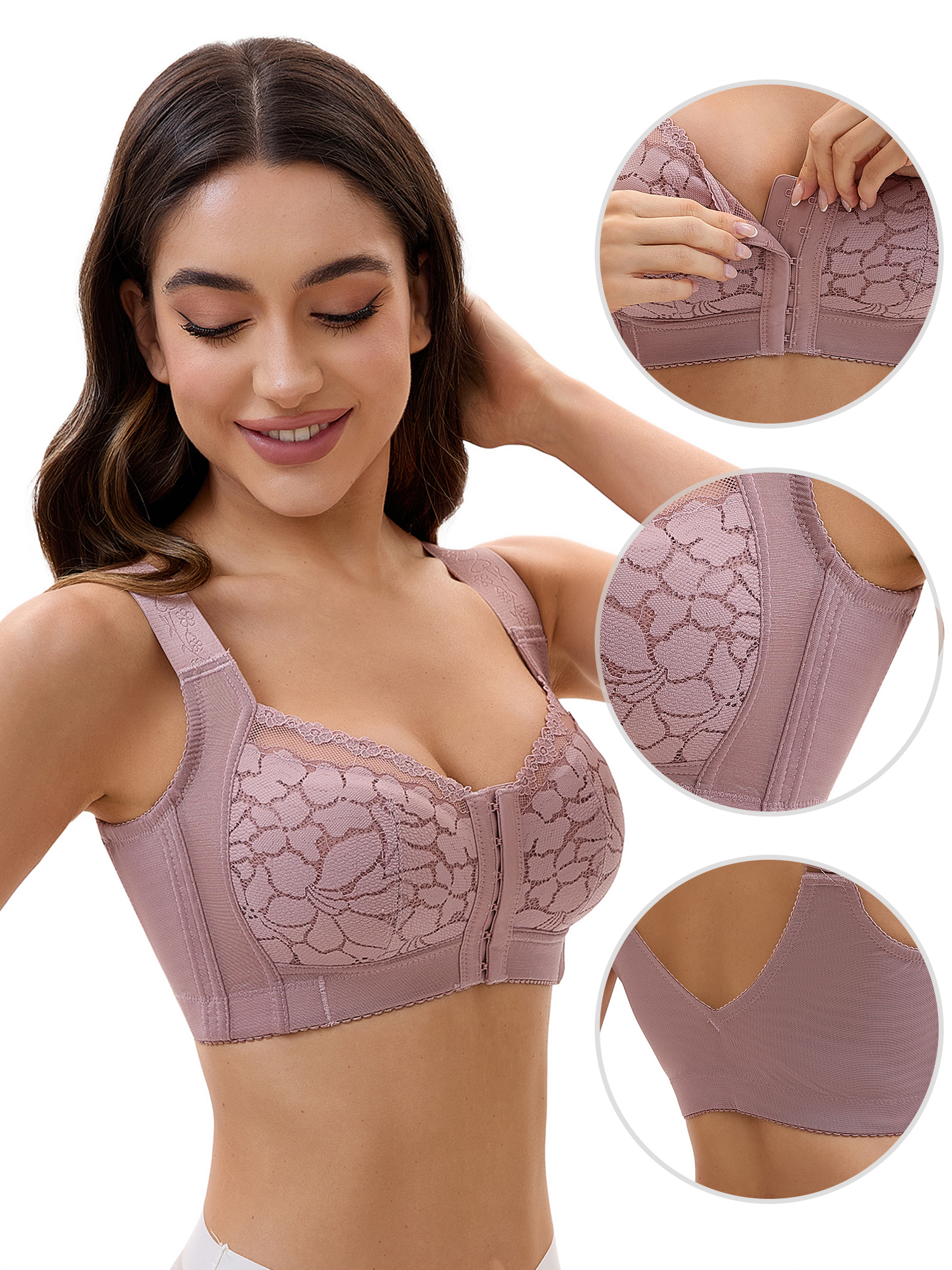 Unique Bargains Lace Front Closure Full Coverage Wirefree Bras C 38 Dusty Pink