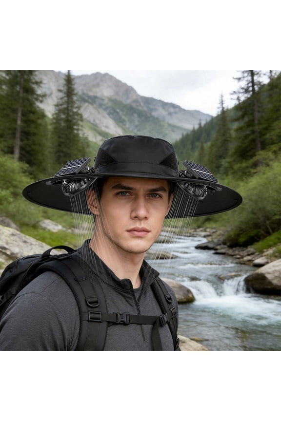 Solar Fan Fishing Hat with Mesh for Sun Protection, Breathable and Dry Outdoor Summer Hat for Men and Women, Wide Brim Sun Hat with Neck Flap for UV Protection and Ponytail Hole