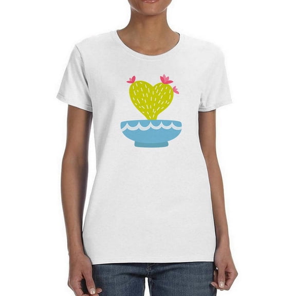 Cartoon Cactus Blue Pot Shaped T-Shirt Women -Image by Shutterstock, Female Large