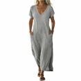 thumbnail image 3 of V Neck Short Sleeve Maxi Dress Casual Loose Fit Flowy Long Dress Sundress with Pockets for Summer Beach Vacation, 3 of 8