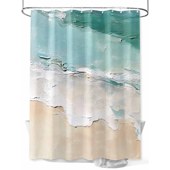 Summer Beach Shower Curtain, Teal Beige Ombre Wave Texture Painting Style Waterproof Shower Curtain Set with 12 Hooks Lightweight Washable Fabric Shower Curtains for Bathroom 36x72 Inches