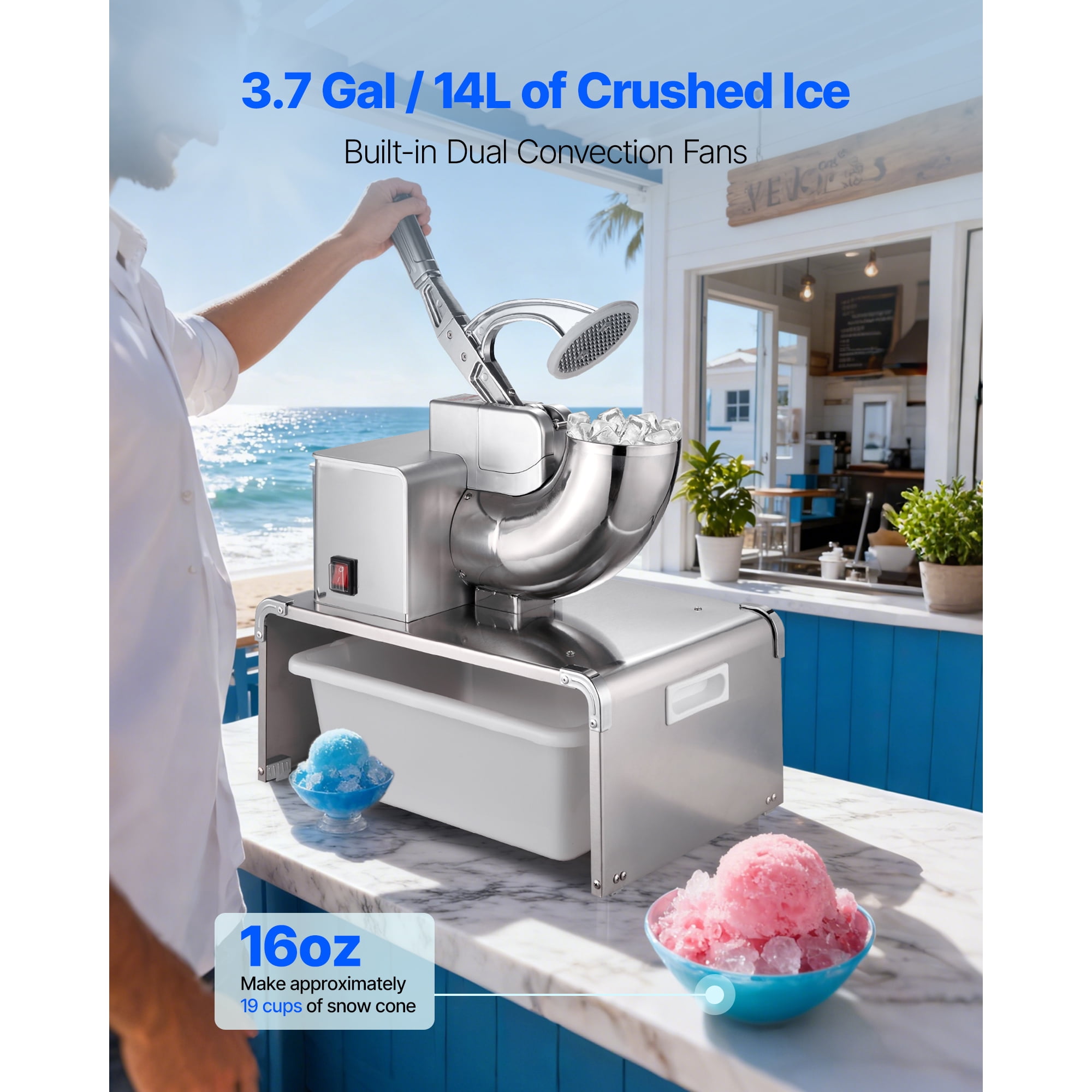 KFFKFF Commercial Ice Shaver Machine, 661 LBS/H Electric Ice Crusher with Detachable Container, 350W Motor, 4 Blades, Shaved Ice Maker for Desserts, Bars, and Parties, Silver