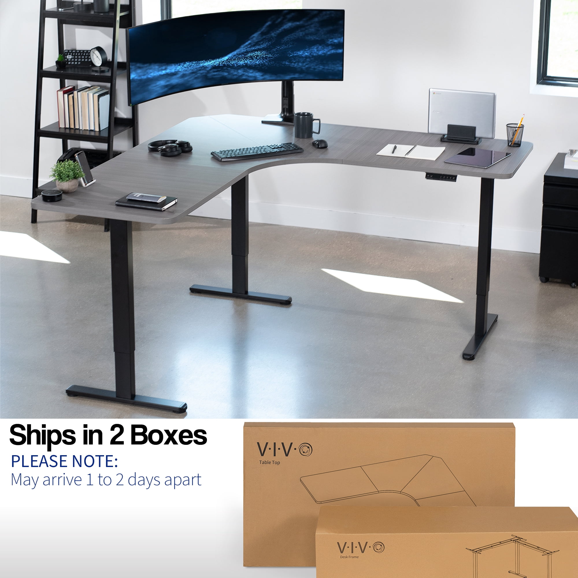 VIVO Dark Gray / Black Electric 71" x 71" Curved Corner Stand Up Desk