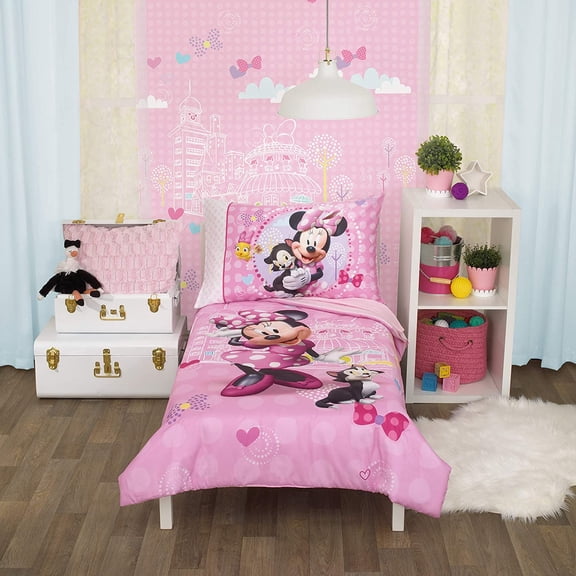 Helping Friends 4 Piece Toddler Bedding set - Fitted Sheet, Pillow Case, Top Sheet, and Comforter Quilt - Pink