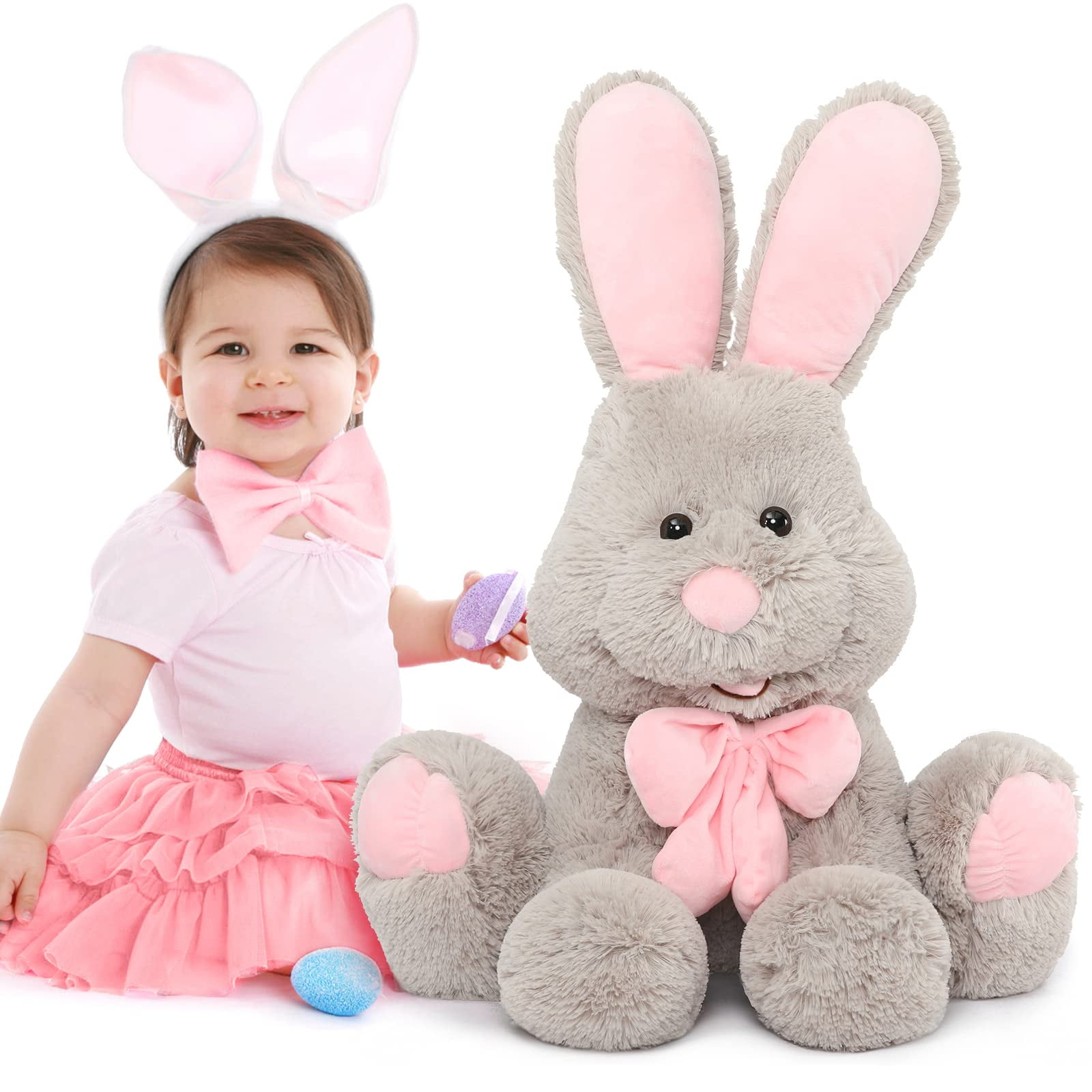 Zecatl Giant Bunny Stuffed Animal 27 Large Stuffed Bunny Grey Easter Rabbit Stuffed Animal With Pink Ear Soft Giant Stuffed Bunny Plush Toy Gift Fo