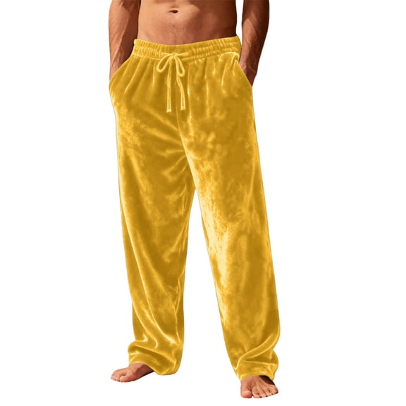 Men's Velvet Plush Warm Pajama Pants Fluffy Soft Sleepwear Solid Color Homewear Yellow XL