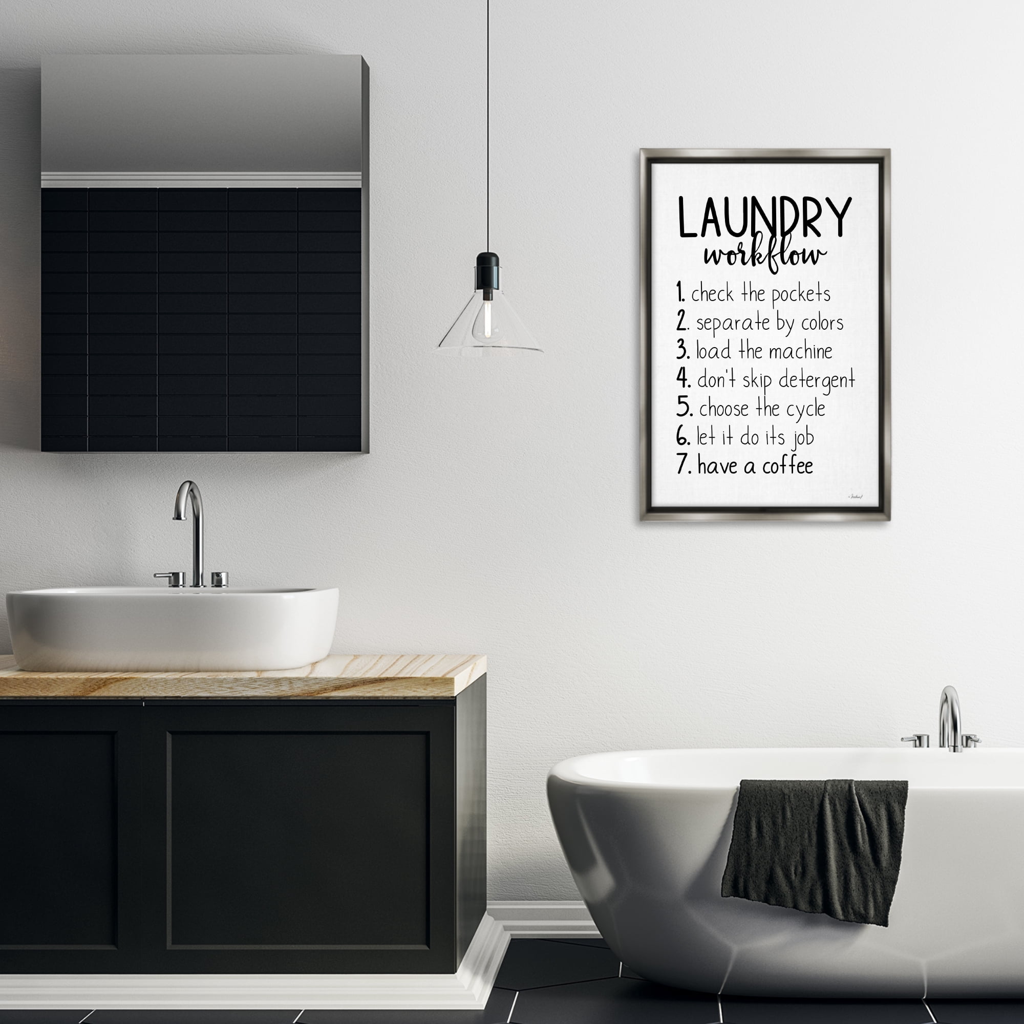 Stupell Industries Laundry Workflow Steps Bath & Laundry Painting Gray Floater Framed Canvas Art Print Wall Art, 21 x 31