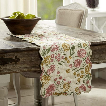 Deep Rectangle Tabletops - Antique White Farmhouse Tabletop Kitchen Madeline Floral Cotton Hand Quilted Voile Floral / Flower Rectangle 13x36 Runner