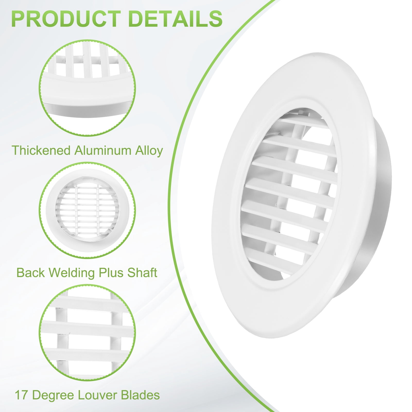 Uxcell 5.8" Round Air Vent, 17 Degrees Louver Grille Cover Aluminum Alloy Soffit Vent HVAC Ventilation for Ceiling Wall Roofing Bathroom Kitchen Garage Duct Shed Garage, White