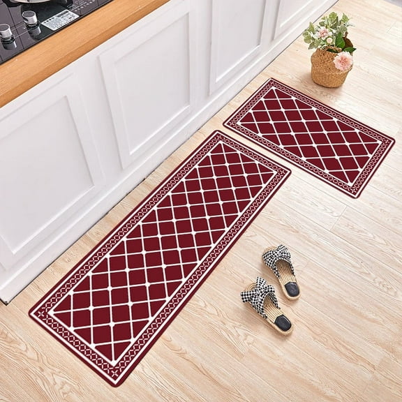 EDHITNR Kitchen Rugs, Non-Slip Printed Floor Mats Set of 2, Microfiber Anti-Fatigue Bathroom Carpet, Soft Absorbent Washable Rugs for Kitchen Sink Front Entryway Laundry Room, Red