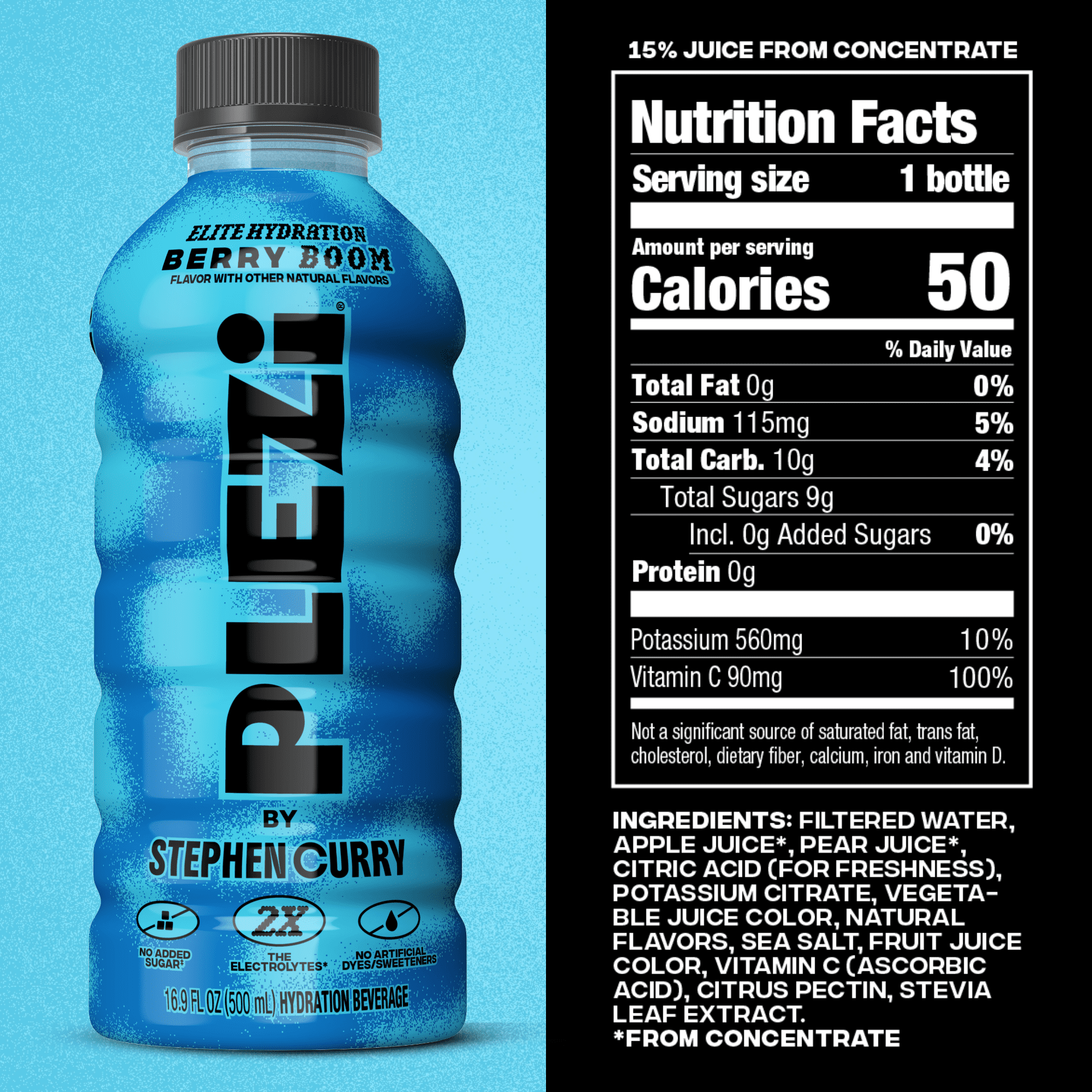 PLEZi Hydration Berry Boom Sports Drink, No Added Sugar, 2X Electrolytes & 560mg Potassium, Made with Real Juice, 16.9 fl oz Bottles, 12 Pack