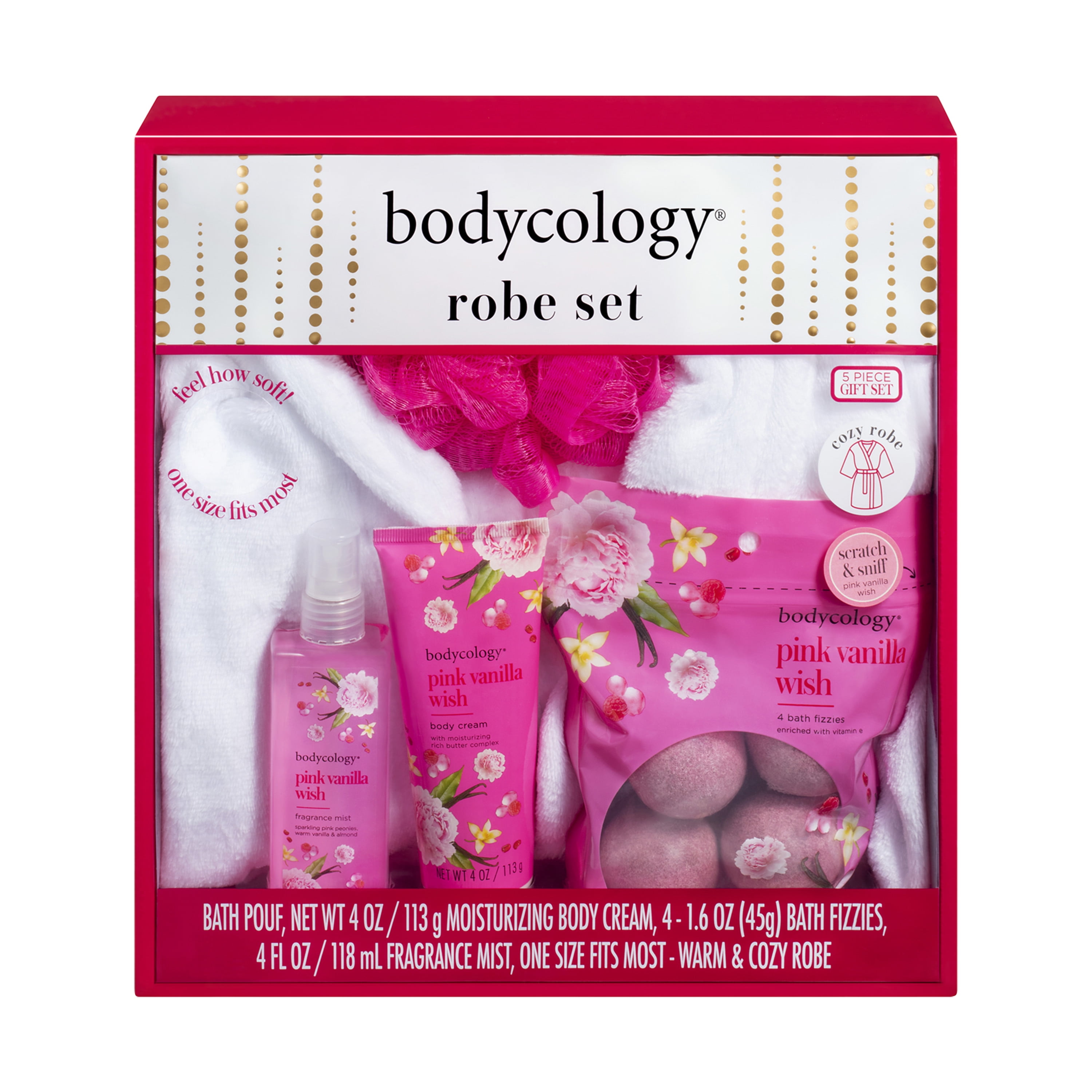 Bodycology Pink Vanilla Wish Bath & Body Set with Robe, 5 Piece