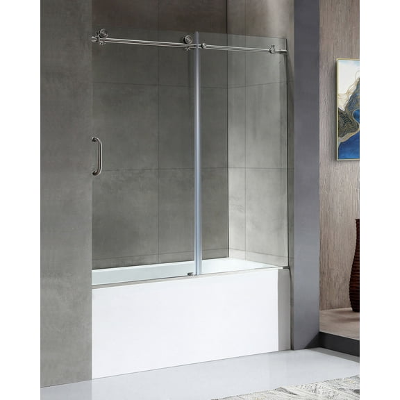 Anzzi 5 ft. Acrylic Right Drain Rectangle Tub in White With 60 in. x 62 in. Frameless Sliding Tub Door in Brushed Nickel