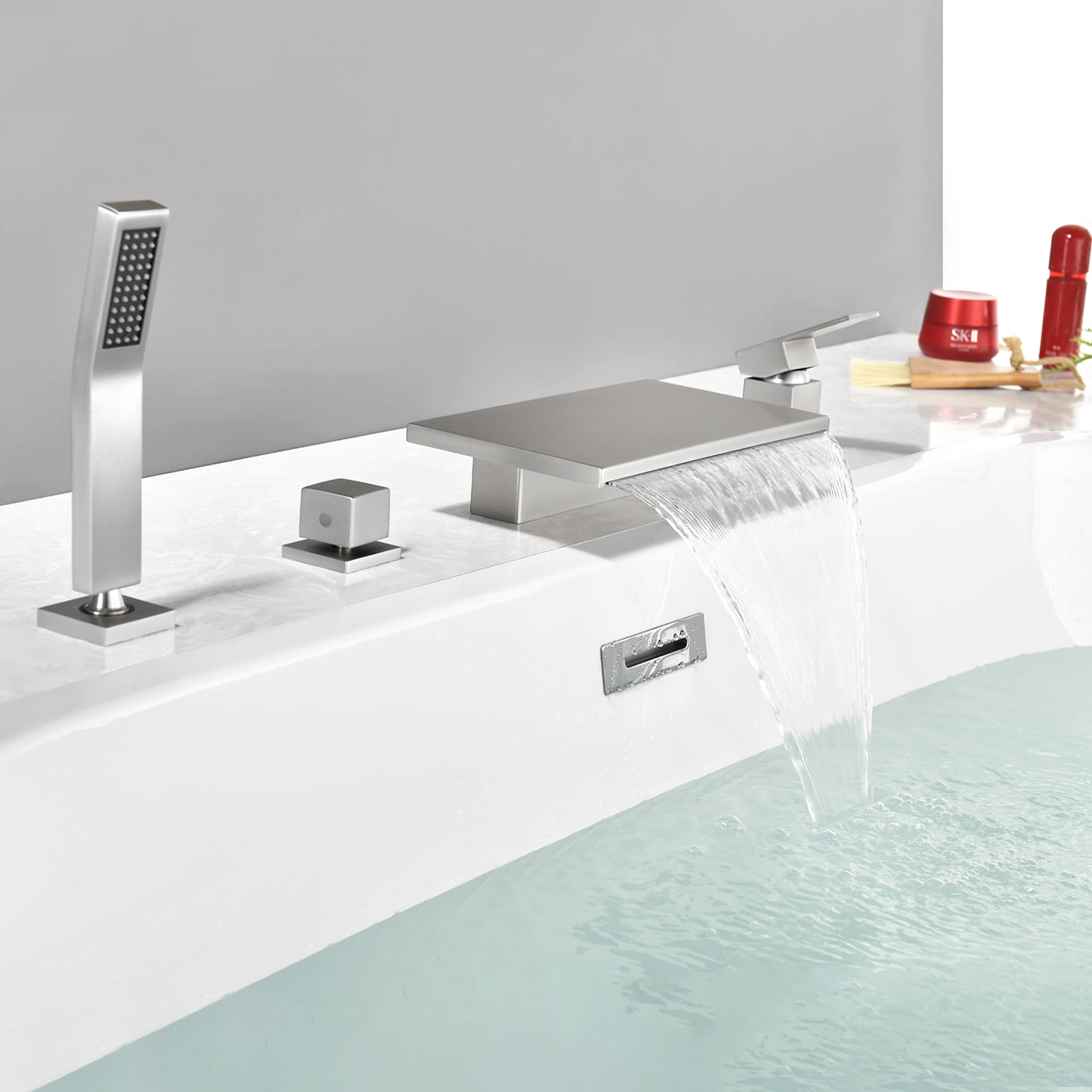 Cobbe Brushed Nickel Bathroom Bathtub Faucet Set 4-Hole Deck Mount with Sprayer and 10.24-Inch Wide Waterfall Spout Single Handle Dual