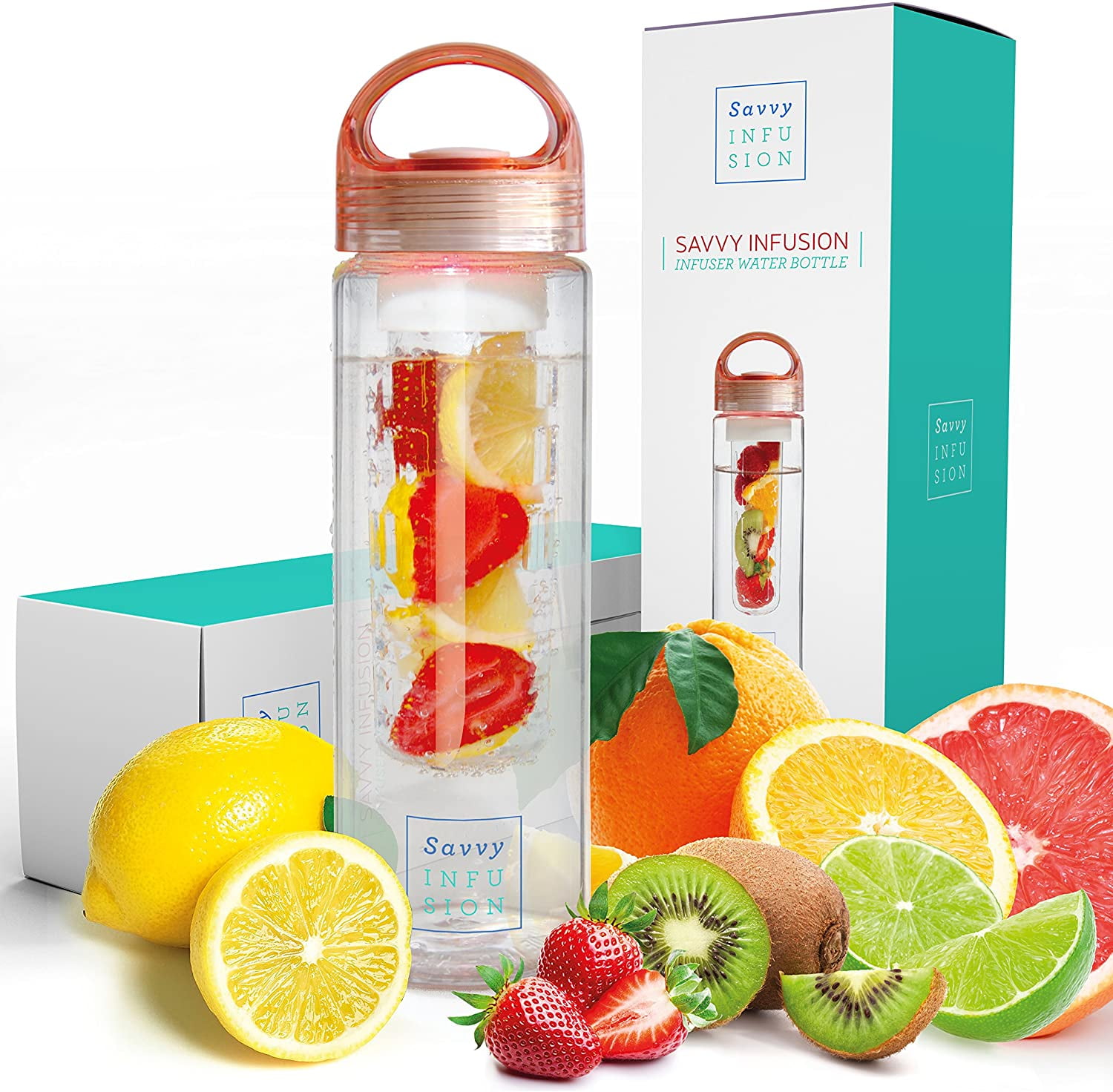 Great Gifts for Women 24 or 32 Ounce Fruit Infuser Bottle Featuring Unique Leak Proof Silicone Sealed Cap with Handle Savvy Infusion Water Bottles 