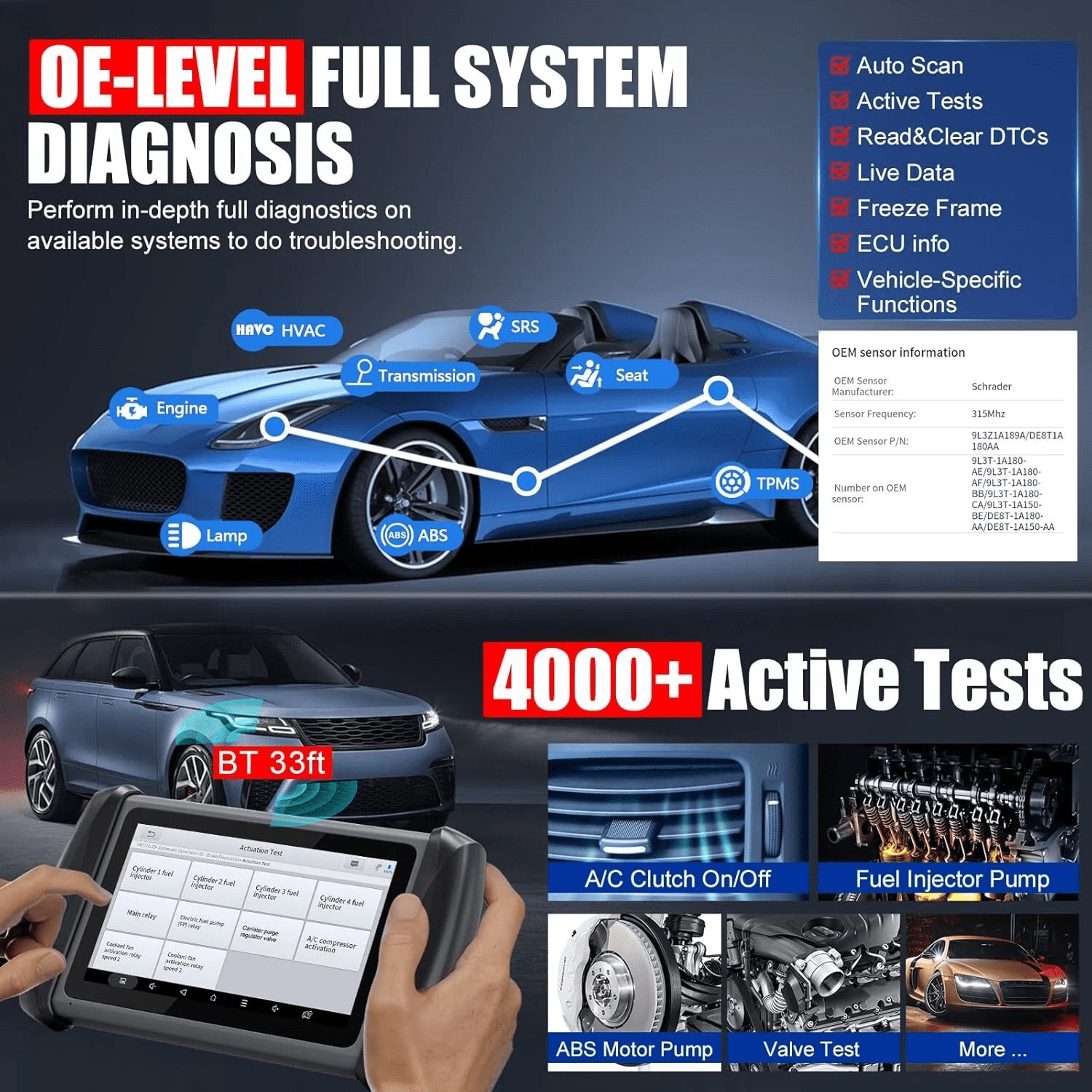 XTOOL IP819TP + 2PCS TS100 Sensors OBD2 Scanner Bluetooth TPMS Diagnostic Tool Full System Bidirectional Scan Tool, Activate/Relearn All Sensors, 39+ Services