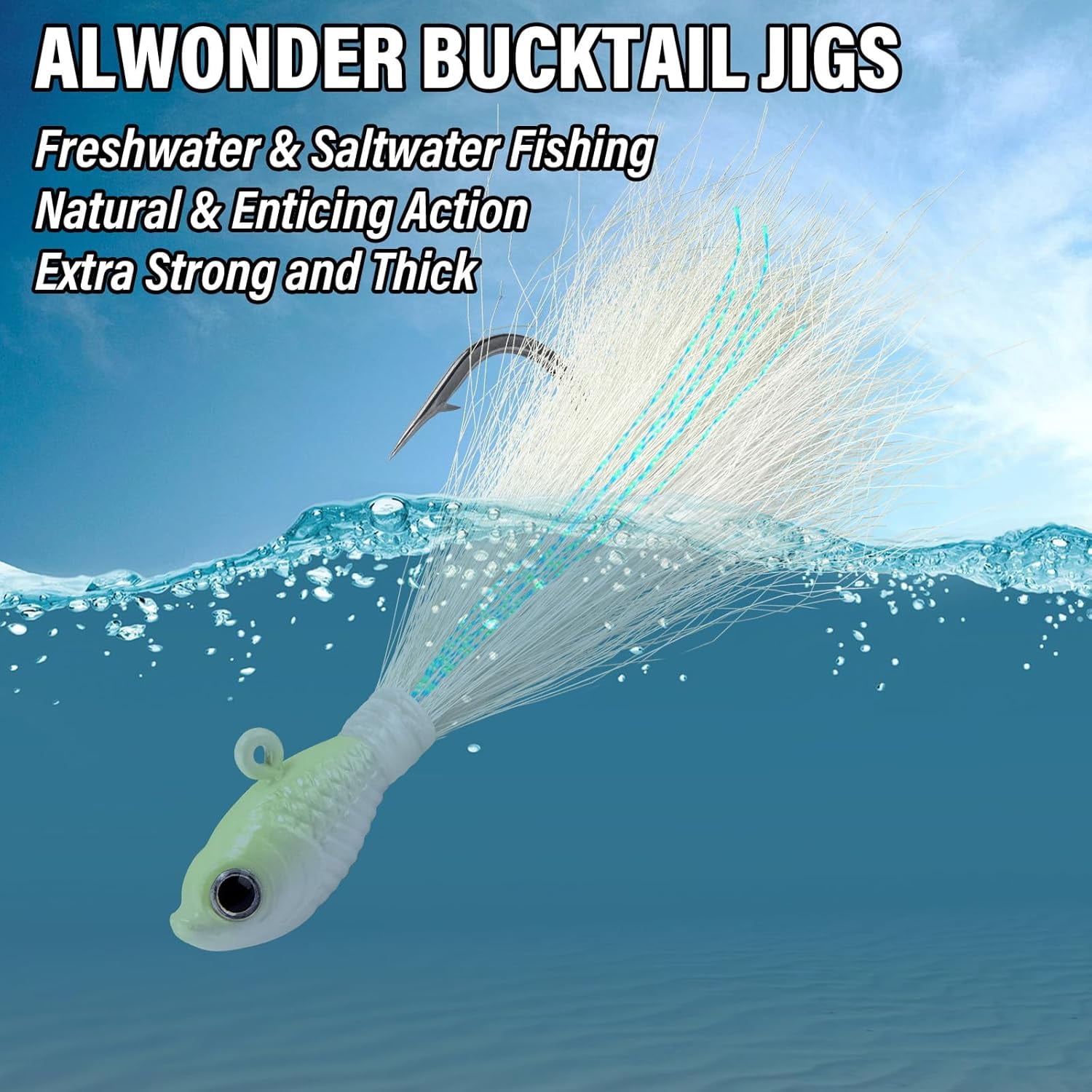 5-Pack Bucktail Jigs Hair Jigs Saltwater Freshwater Fishing Bucktail Lures Surf Fishing Jig Heads White Luminous Chartreuse Swimbait Jig for Bass Flounder Striper Bluefish Halibut Redfish