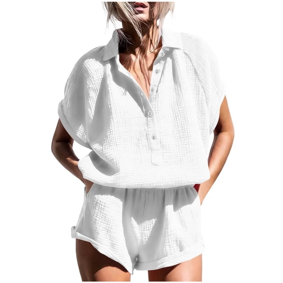 Aofany Two Piece Shorts Set for Women Lightweight Casual Summer Short Sleeve Half Button V Neck Shirts and Shorts with Pockets Loose Comfy Lounge Outfit Sets