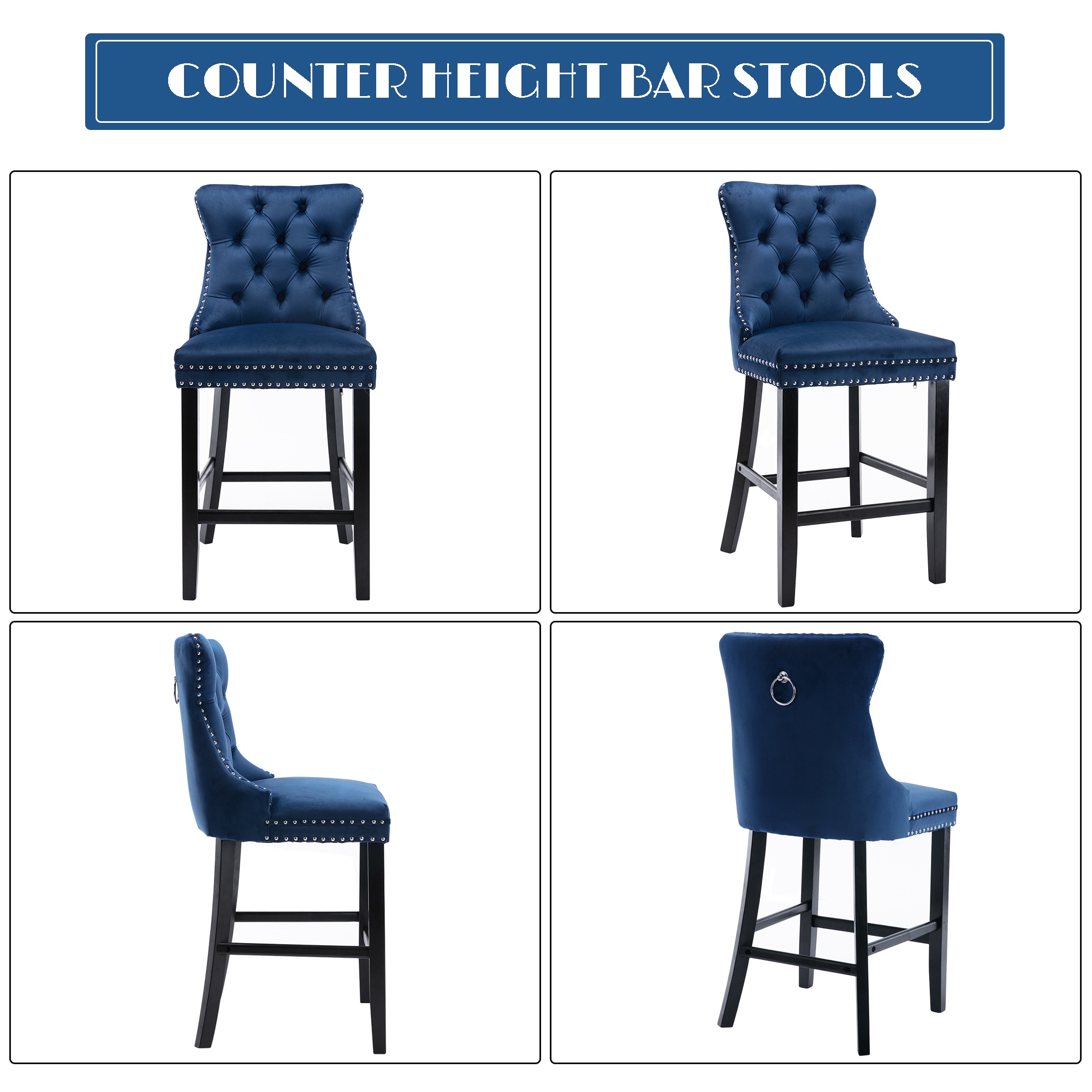 Paproos Upholstered Bar Stools Set of 2, Velvet Barstools with Wood Legs and Tufted, Modern Leisure Counter Height Bar Chairs with Chrome Nailhead Trim for Home Pub and Kitchen Island, Blue