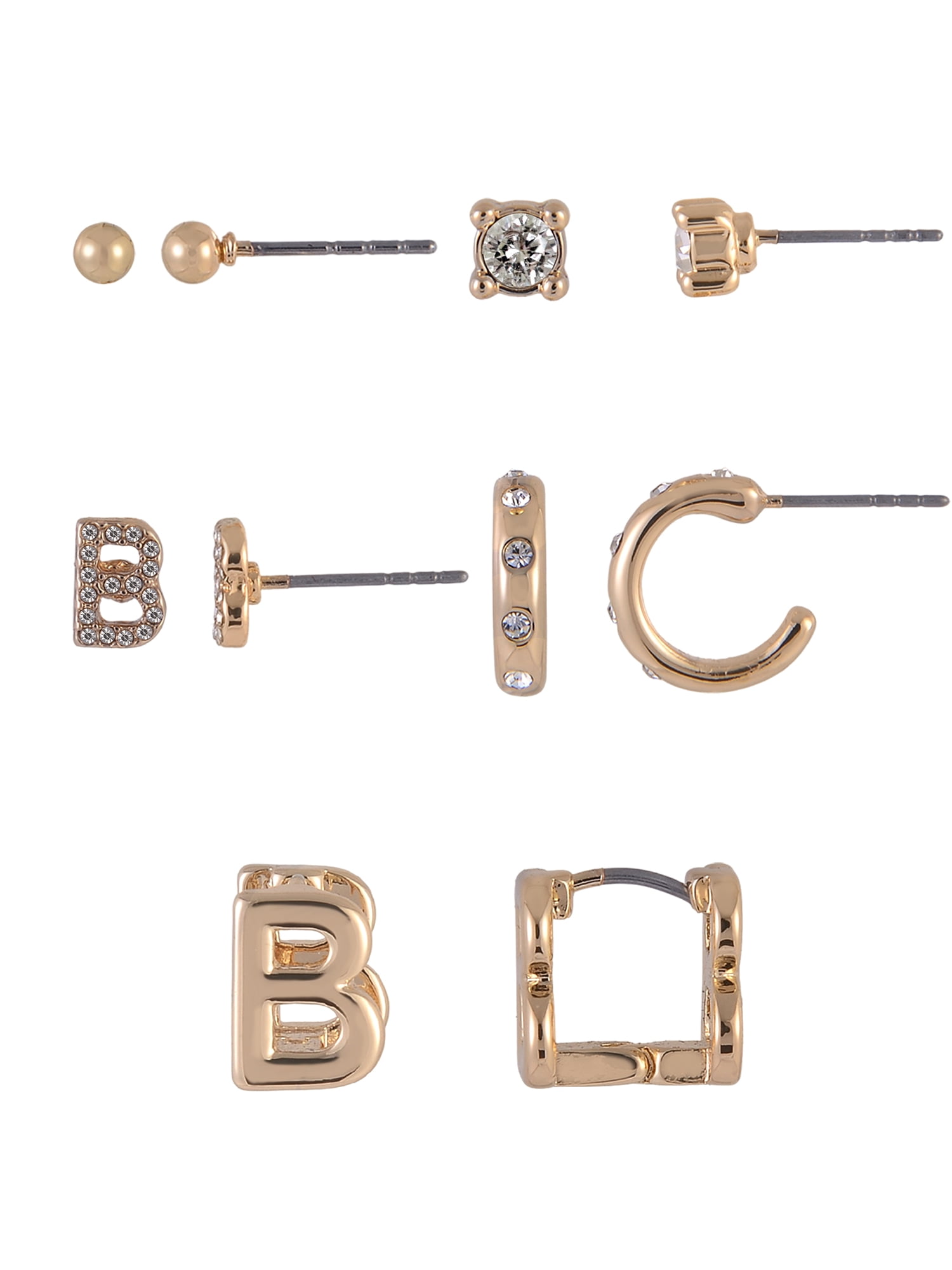 Time and Tru Goldtone 5pc Crystal Studs Hoop Initial "B"Earring Set
