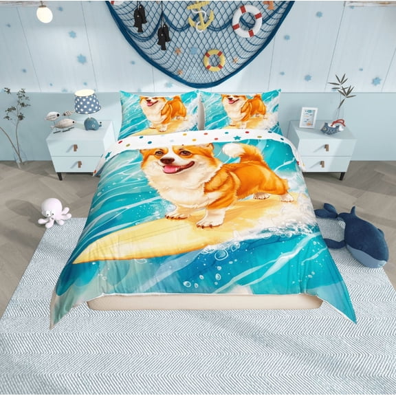 Erosebridal Yellow Corgi Comforter Cover Twin,Ocean Surfing Bedding Twin Size,Kawaii Cartoon Duvet Cover Twin,Breathable Animal Bedroom Decorative,Reversible,2-Piece(No Comforter)
