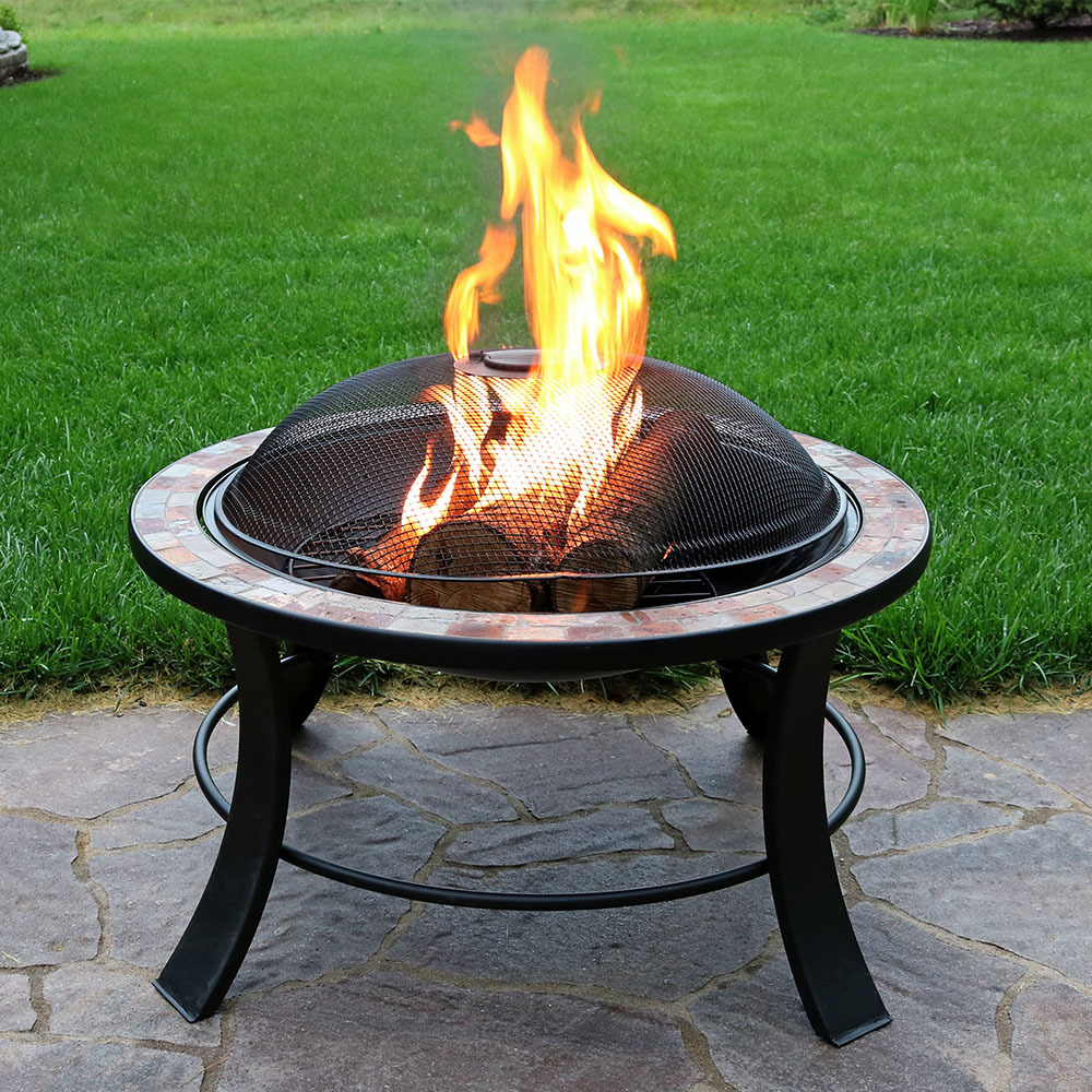 Sunnydaze 30 Inch Natural Slate Firepit Table with Spark Screen by Sunnydaze Decor