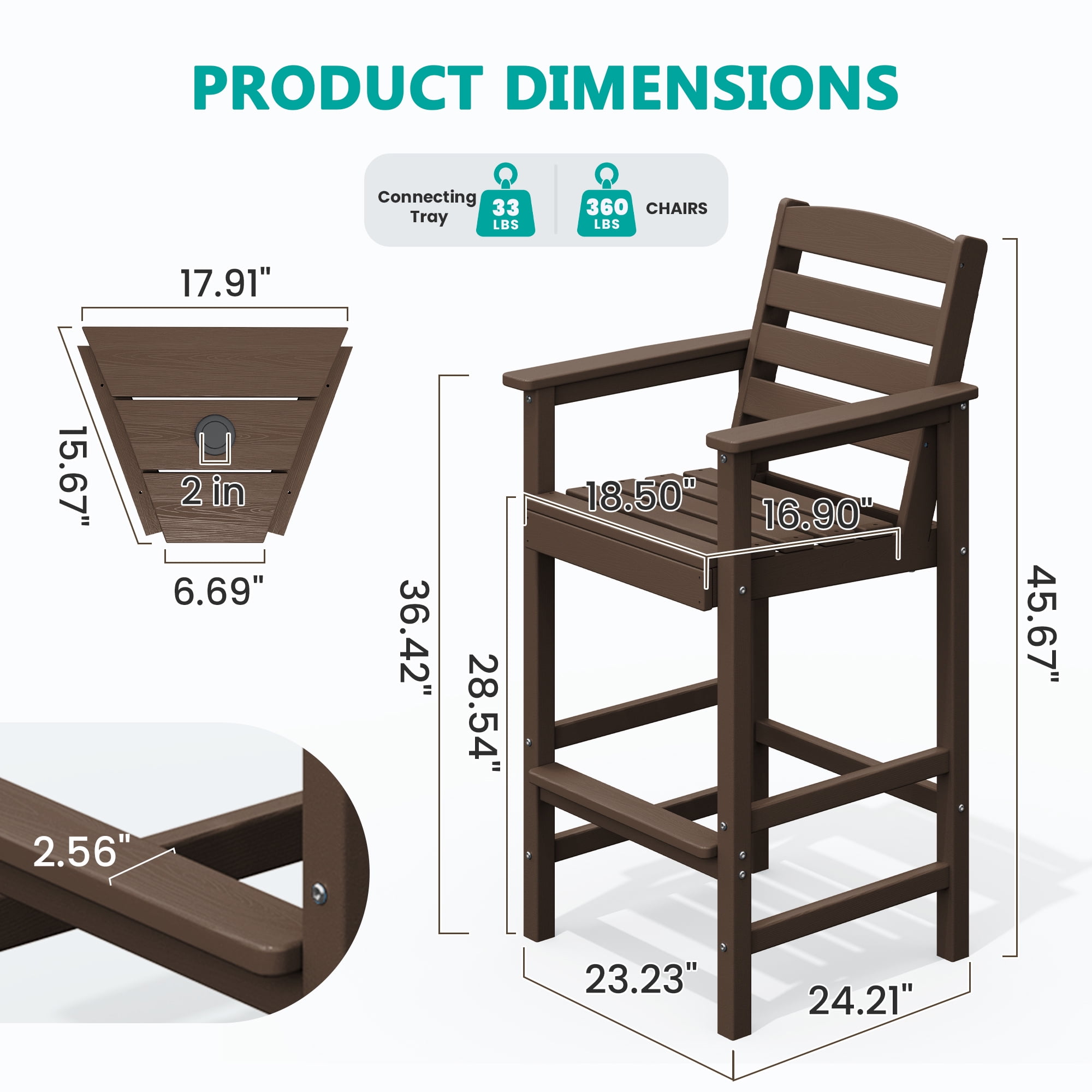 LOYALICE Balcony Chair Set of 2, Outdoor Adirondack Barstools with Connecting Tray, Coffee
