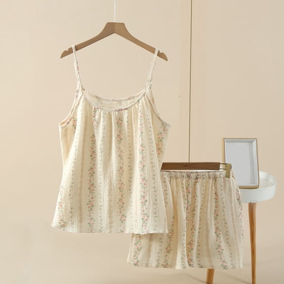 Womens Pajama Sets Womens Cotton Pajama Set Printed Set Spaghetti Strap Top and Shorts Loungewear