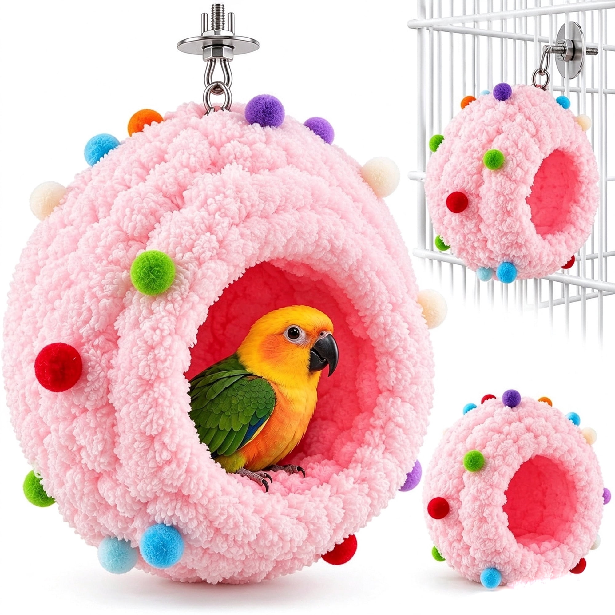 Soft Hanging Coral Fleece Bird Bed Comfortable Warm Winter Nest Hammock | Polyester Build with Inner Frame and Cage Mounting Makes Stable Retreat for Parakeets Cockatiels Lovebirds Budgies