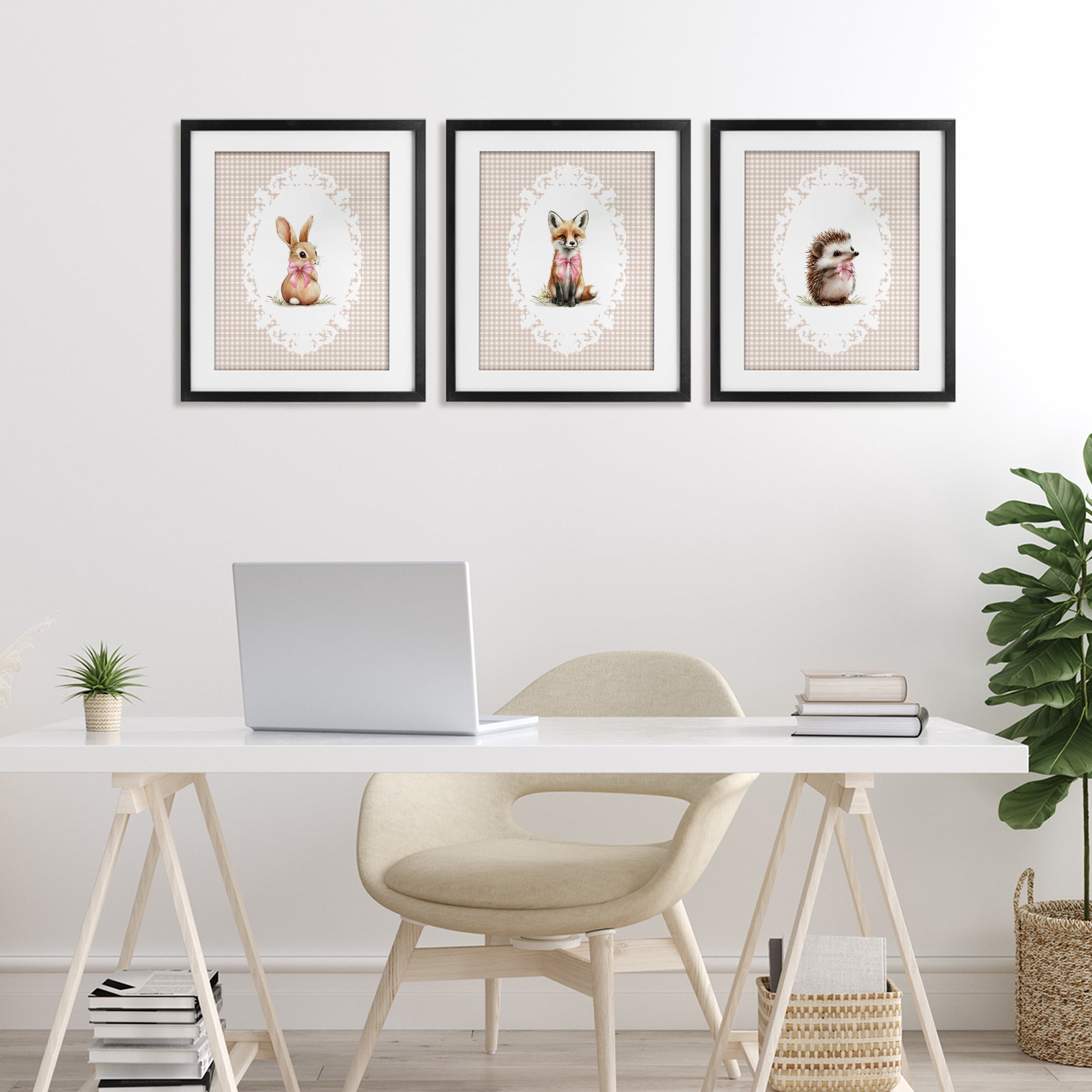 Stupell Industries Vintage Baby Bow Animals 3 Piece Black Framed Print Under Glass Set, design by Christine Simpson Art