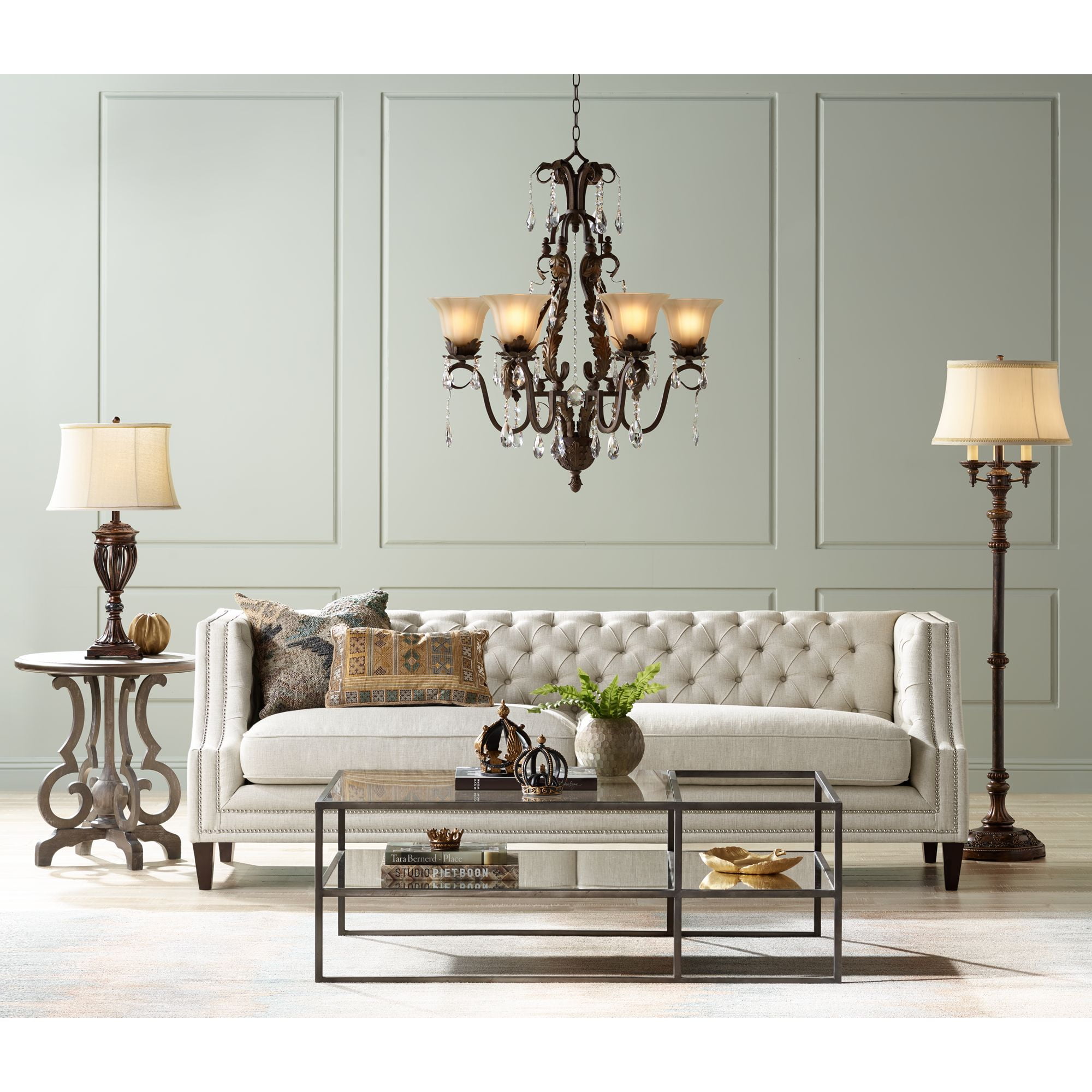 Regency Hill Iron Leaf Roman Bronze Chandelier 29" Wide French Rustic Crystal Cream Glass 6-Light Fixture for Dining Room House Foyer Kitchen Island