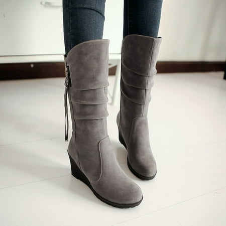 

Egmy Women Shoes Solid Color Casual Fashion Suede Upper Zip Wedge Heels Warm Winter Wear-Resistant Cowboy Boots Gray 41