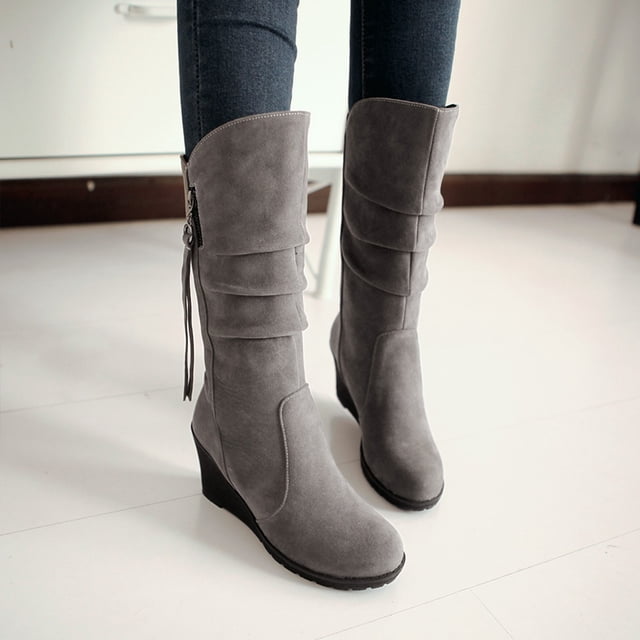 Mikilon Chaussures pour Femmes Couleur Unie Décontractées Tige en Suède Fermeture Éclair Talons Compensés Chaudes d'Hiver Bottes de Cowboy Résistantes à l'Usure
