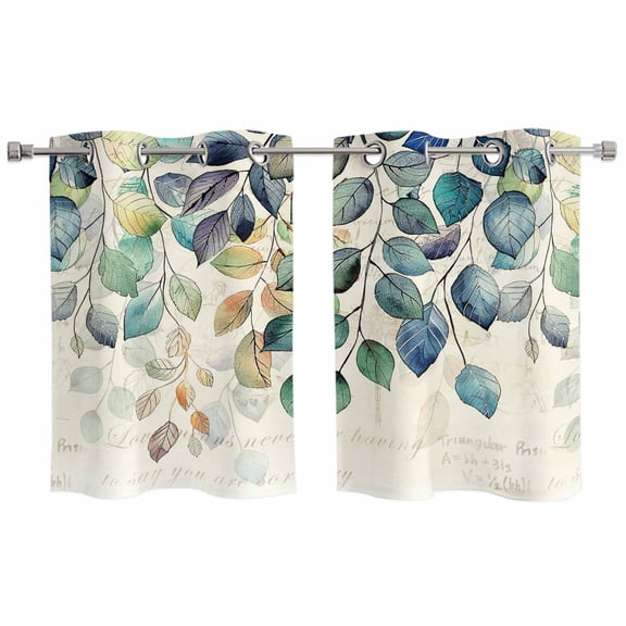 Blue Teal Botanical Kitchen Curtains Small Short 39 Inch Length, Weeping Fall Eucalyptus Leaves Rustic Grommet Bedroom Living Room Curtains, Light Filtering Cafe Curtain Drapes 2 Panels Set 55''x39''