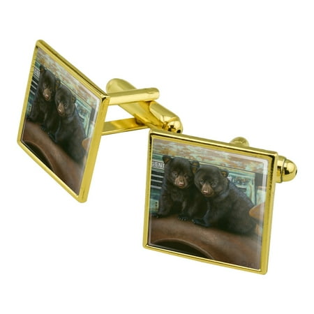 Black Bear Cubs on Vintage Car Square Cufflink Set - Silver or Gold
