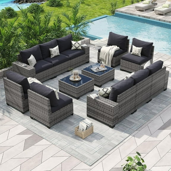 Aoxun Patio Furniture Set, 12 Pcs Outdoor Patio Furniture Sets with 4 in Thicken Cushion, Widen Armrests Wicker Outdoor Sectional for Backyard (Waterproof Cover Include)